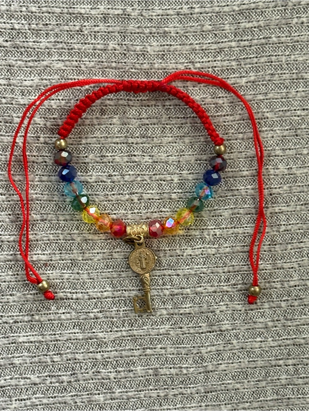 Vintage adjustable red cord bracelet w rainbow beads